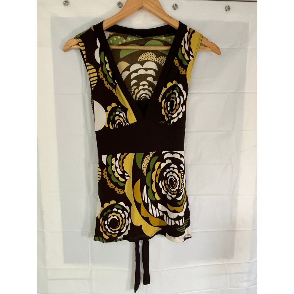 Ripe Brown Green Floral Empire Waist V-Neck Sleeveless Top M